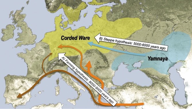 Mapa de Europa con las rutas propuestas de expansión indoeuropea: la hipótesis anatolia (agricultura, 8000-9000 años) y la hipótesis de la estepa (cultura Yamnaya, 5000-6000 años) hacia la cultura de Corded Ware.